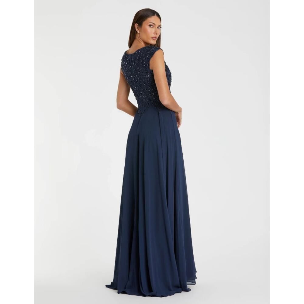 Mac Duggal Navy Applique Cap Sleeve Bodice Flowy Gown - Size 4 - NWT